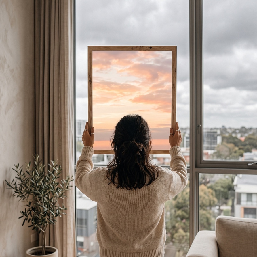 Mujer mirando por la ventana con un marco de optimismo, con el que el paisaje se ve en color