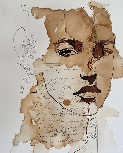Dibujo de mujer sobre fondo de letras manuscritas, con manchas de acuarela