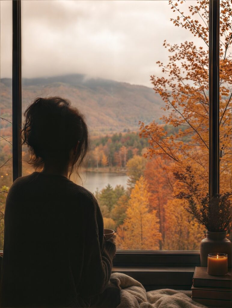 Mujer reflexionando y mirando el paisaje por una ventana