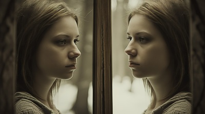 Mujer reflexionando frente a un espejo
